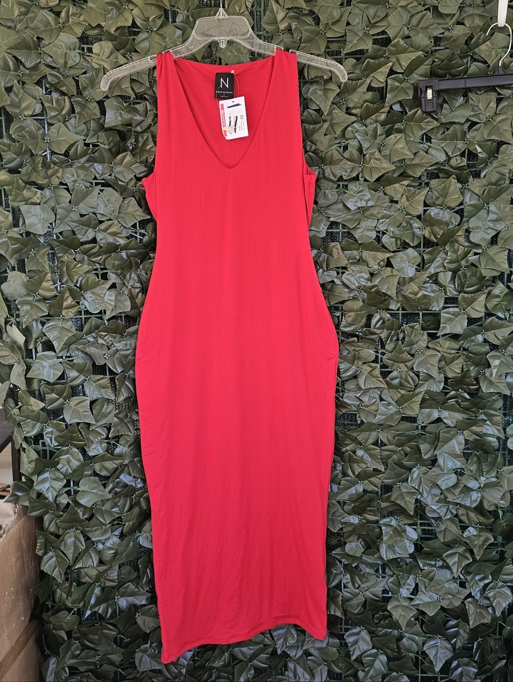 Naked Wardrobe Women's Red V-Neck Tank Maxi Bodycon Dress NWT